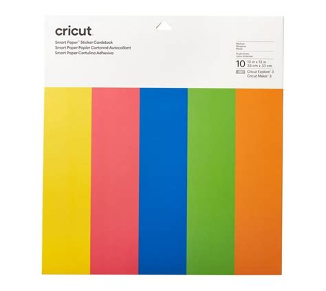 Cricut Smart Sticker Cardstock 33x33cm 10 sheets (Brilliant Bows); 10 sheets (5 colors, 2 each) 13 in x 13 in (30.5 cm x 30.5 cm) in Yellow, Cardinal Red, Cornflower, Bright Green, Tangerine; Skip the glue for hassle-free paper projects; Works without a cutting mat – just load & go!; Smooth, medium weight (210 gsm / 78 lb); For Cricut Maker® 3 & Cricut Explore® 
